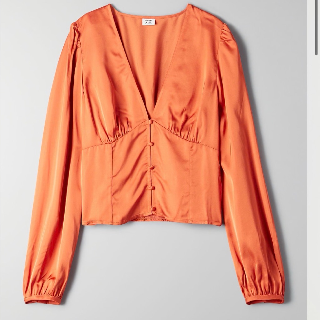 Sunday Best Orange Satin Button-Front Long-Sleeve Blouse